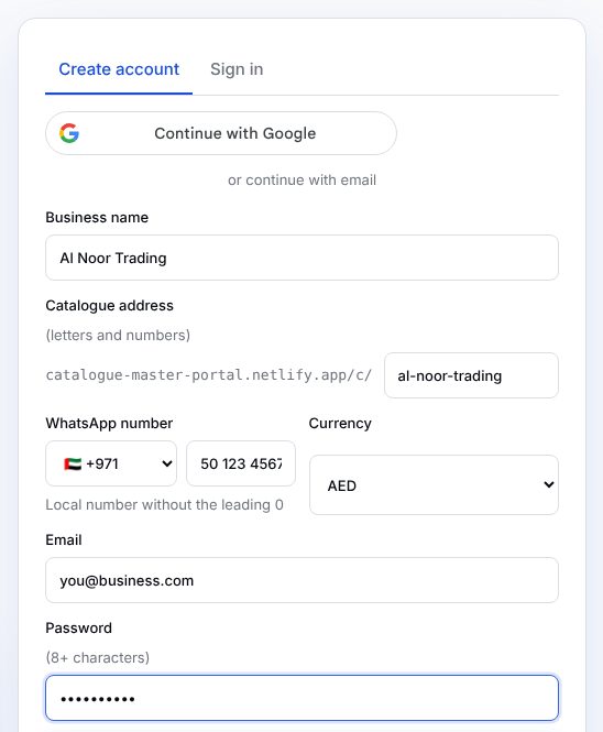 Create account form with business name, catalogue address, WhatsApp number, currency, email and password