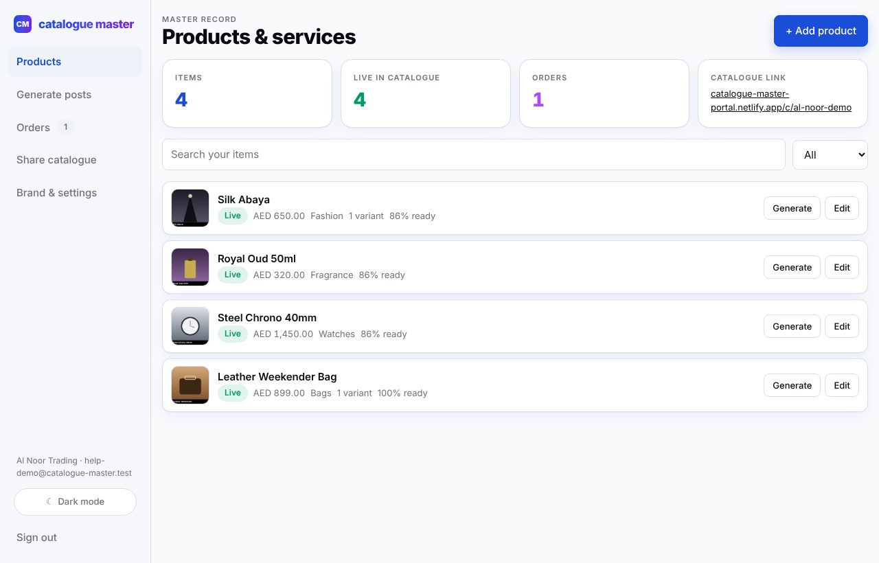 Dashboard with product list and stat tiles