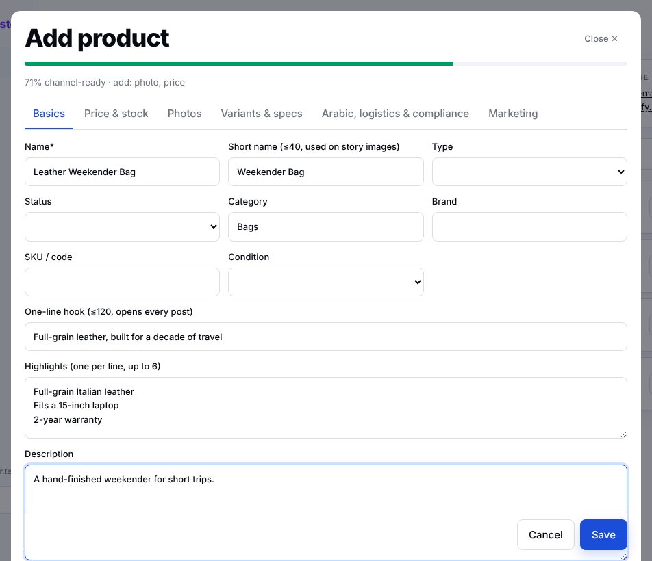 Add product form, Basics tab