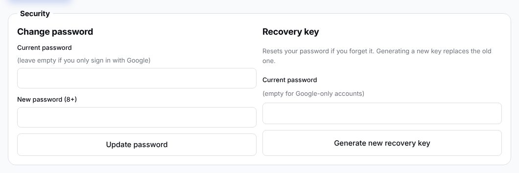 Security section with change password and recovery key