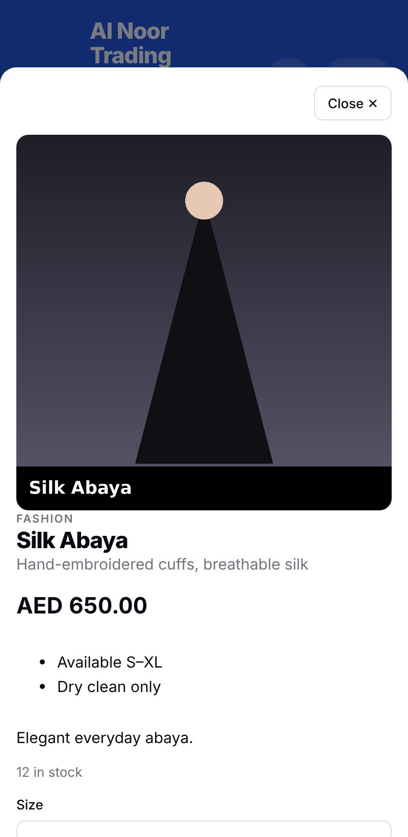 Product detail with options and quantity