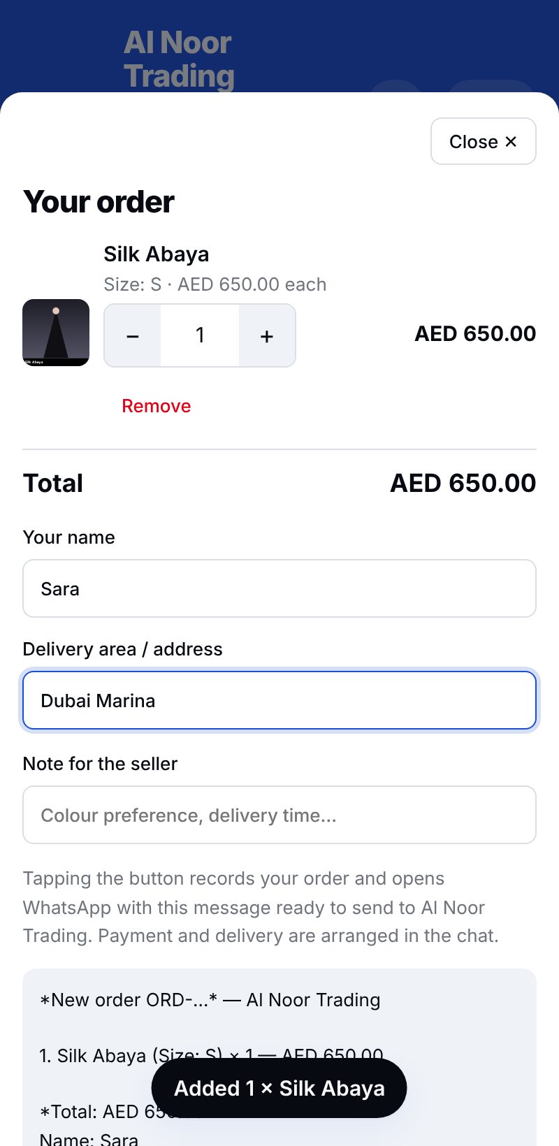 Order review with WhatsApp message preview
